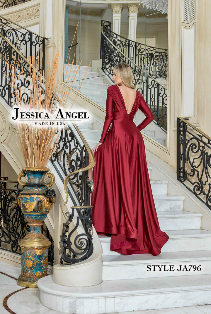 Jersey Long Sleeve A-line Slit Gown by Jessica Angel 796