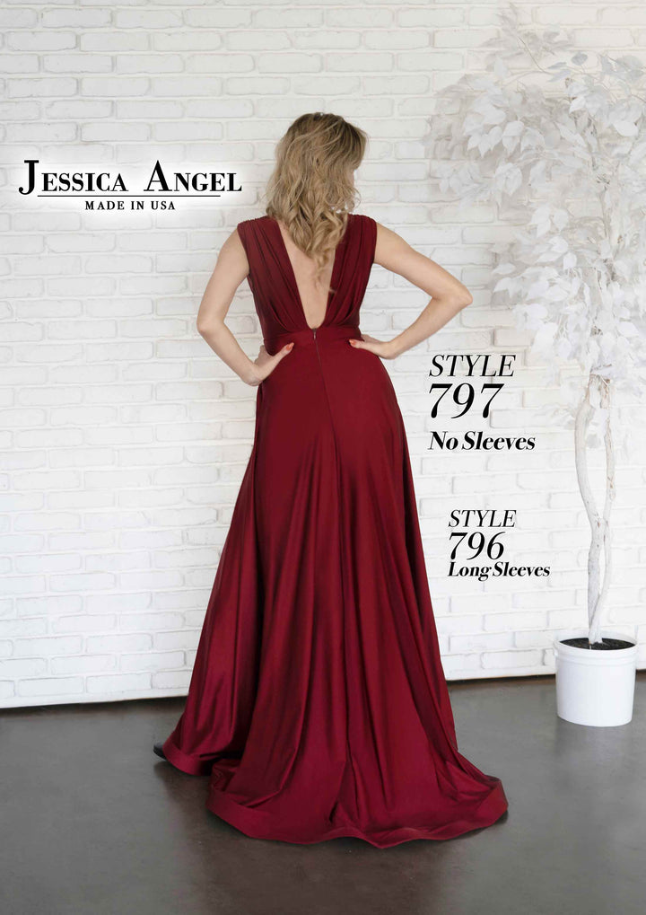 Jersey V-Neck A-line Slit Gown by Jessica Angel 797