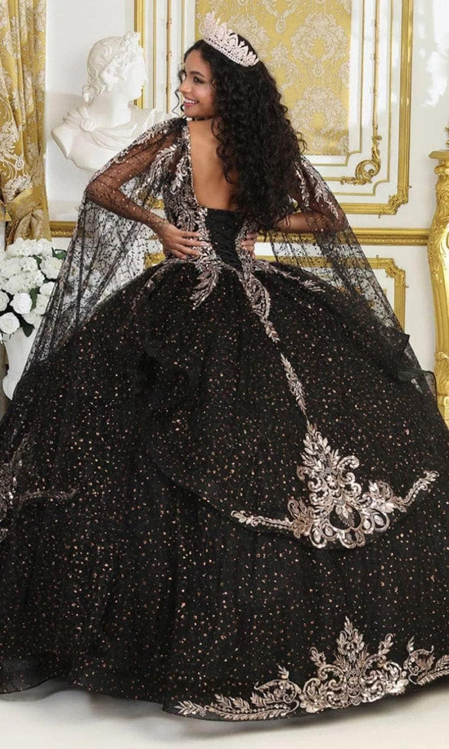 Sleeveless Cape Layered Ball Gown by May Queen LK218