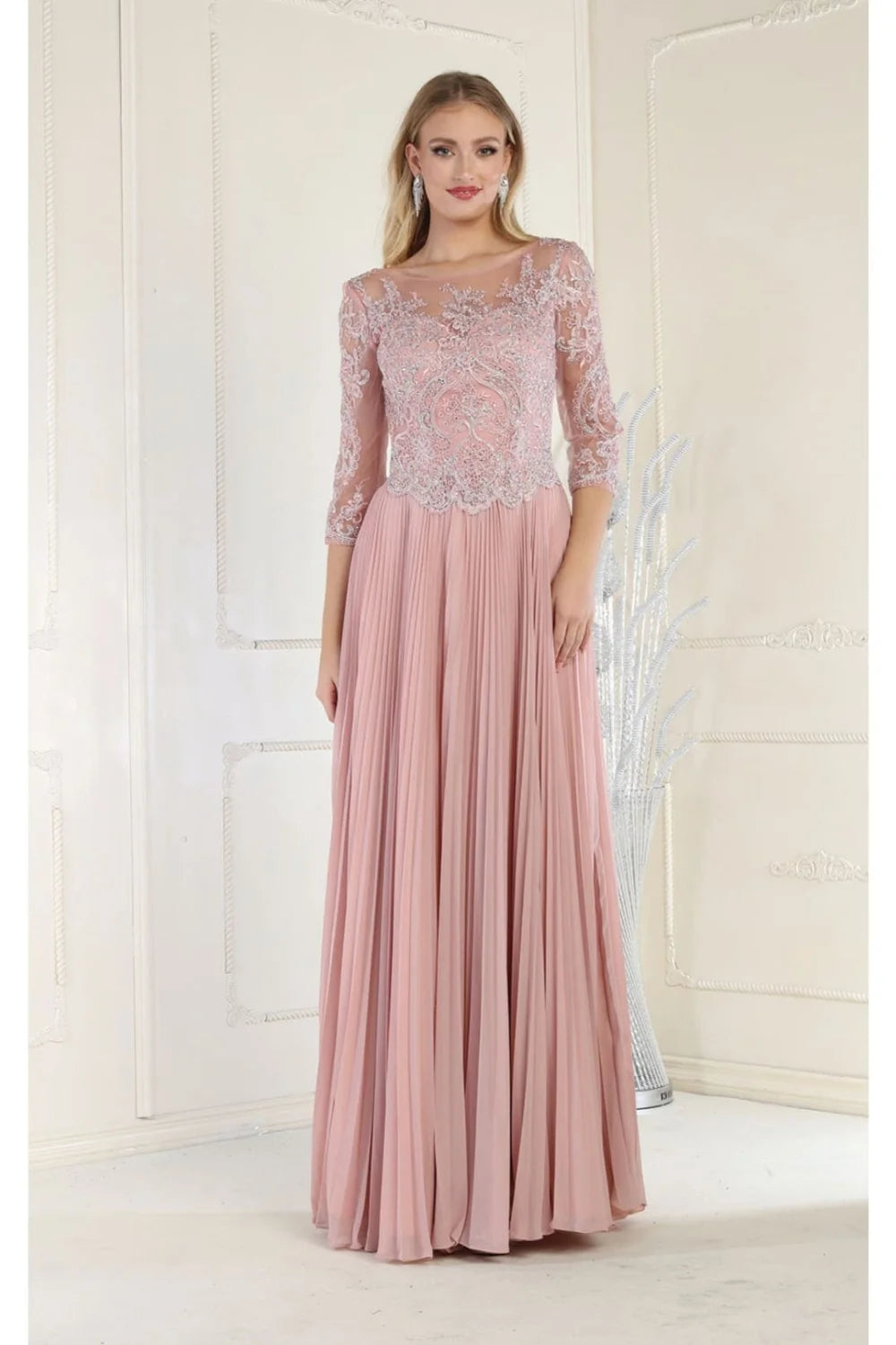 Applique Mid-Sleeve A-line Gown by May Queen MQ1980