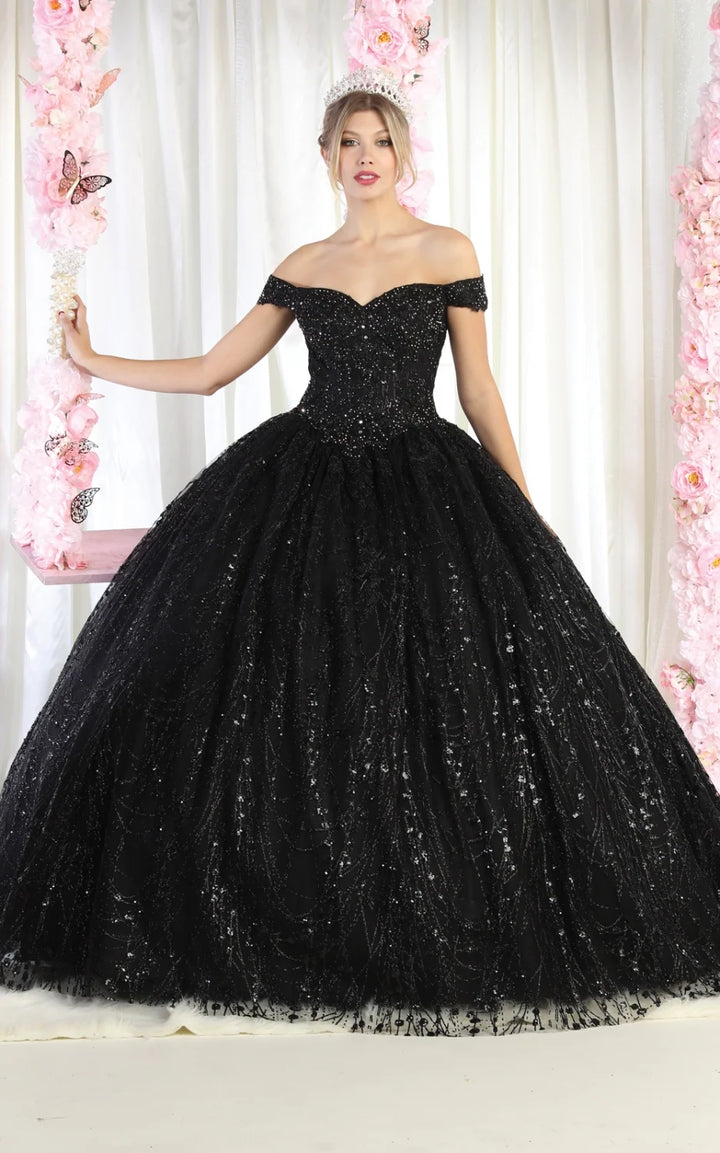 Glitter Off Shoulder Ball Gown by May Queen LK153
