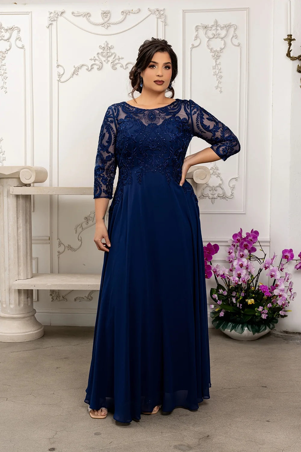 Applique 3/4 Sleeve A-line Gown by May Queen MQ2210