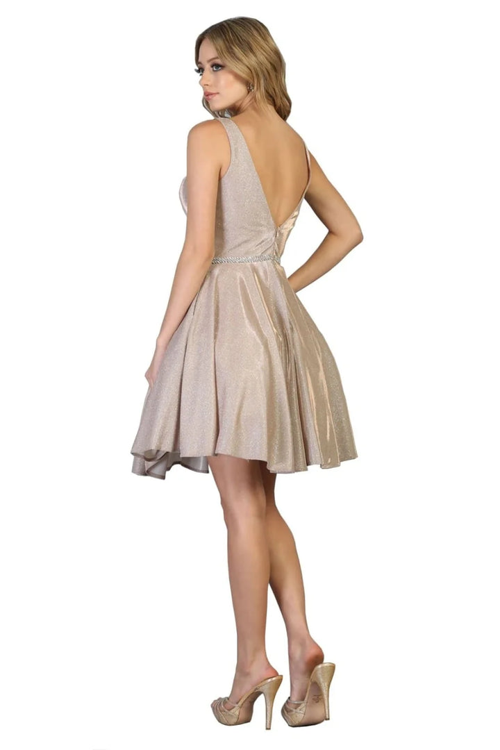Glitter Short V-Neck A-line Dress by May Queen MQ1777