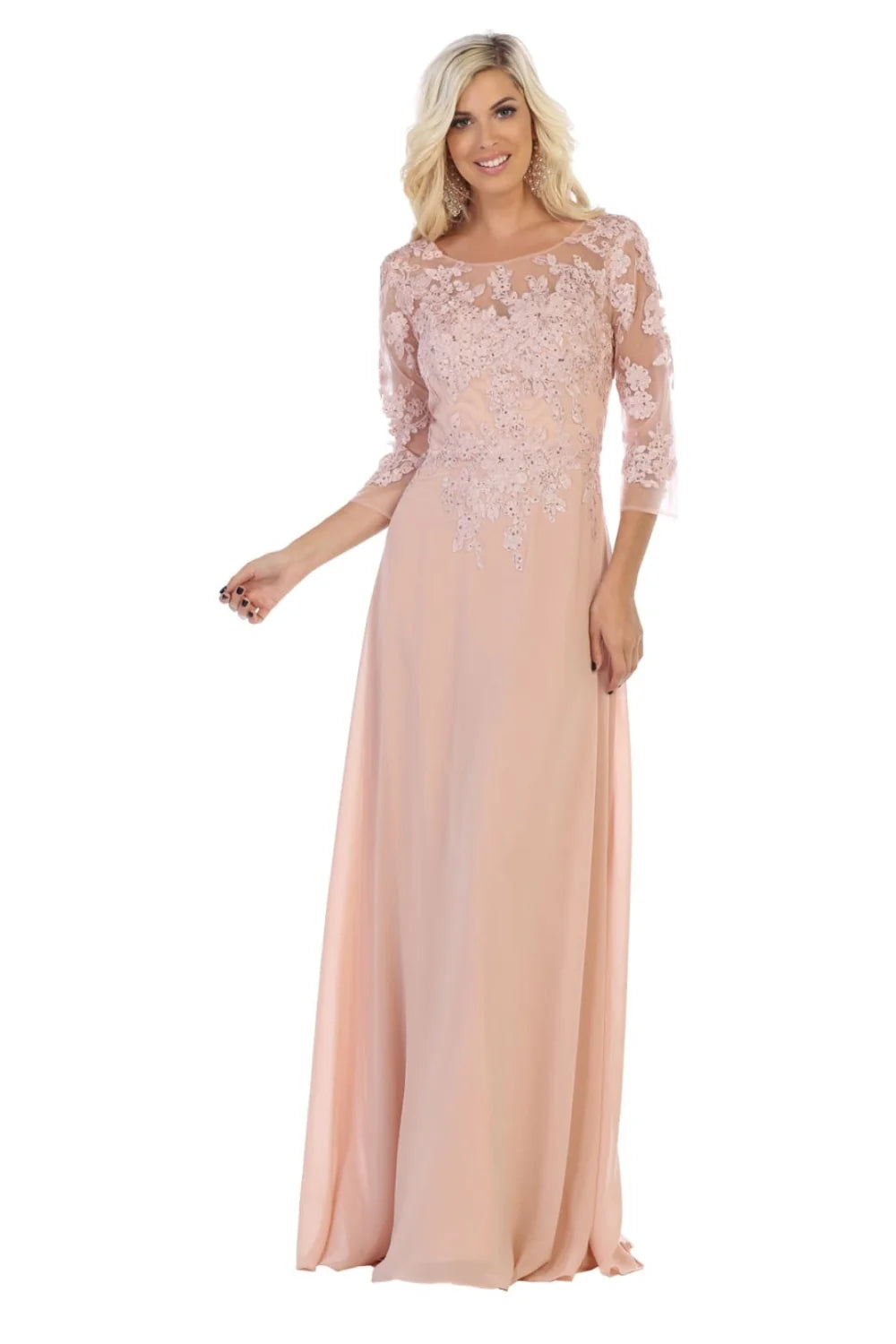 Applique 3/4 Sleeve A-line Gown by May Queen MQ1637