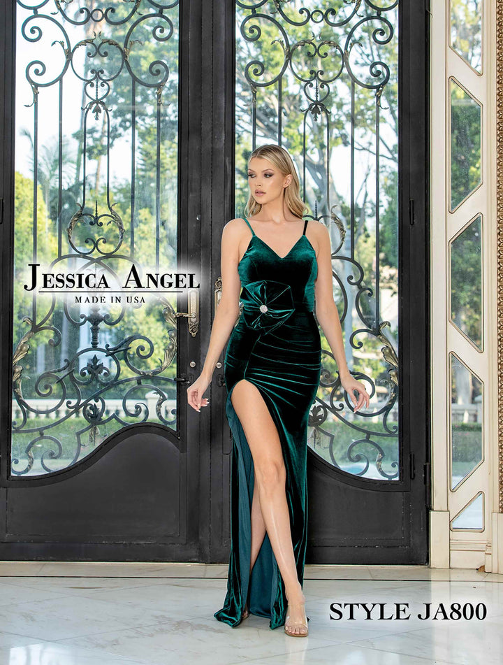 Velvet Fitted V-Neck Slit Gown by Jessica Angel 800
