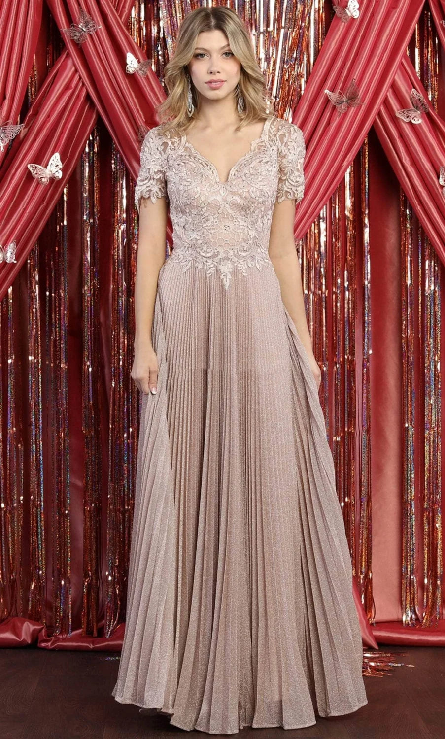 Pleated Short Sleeve A-line Gown by May Queen MQ1902