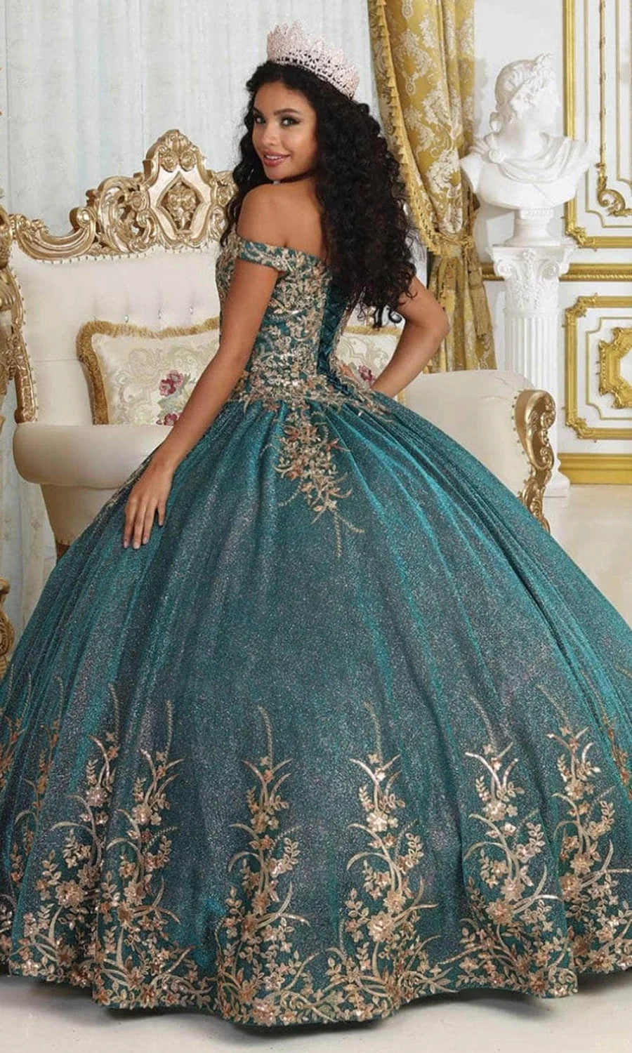 Metallic Off Shoulder Ball Gown by May Queen LK220