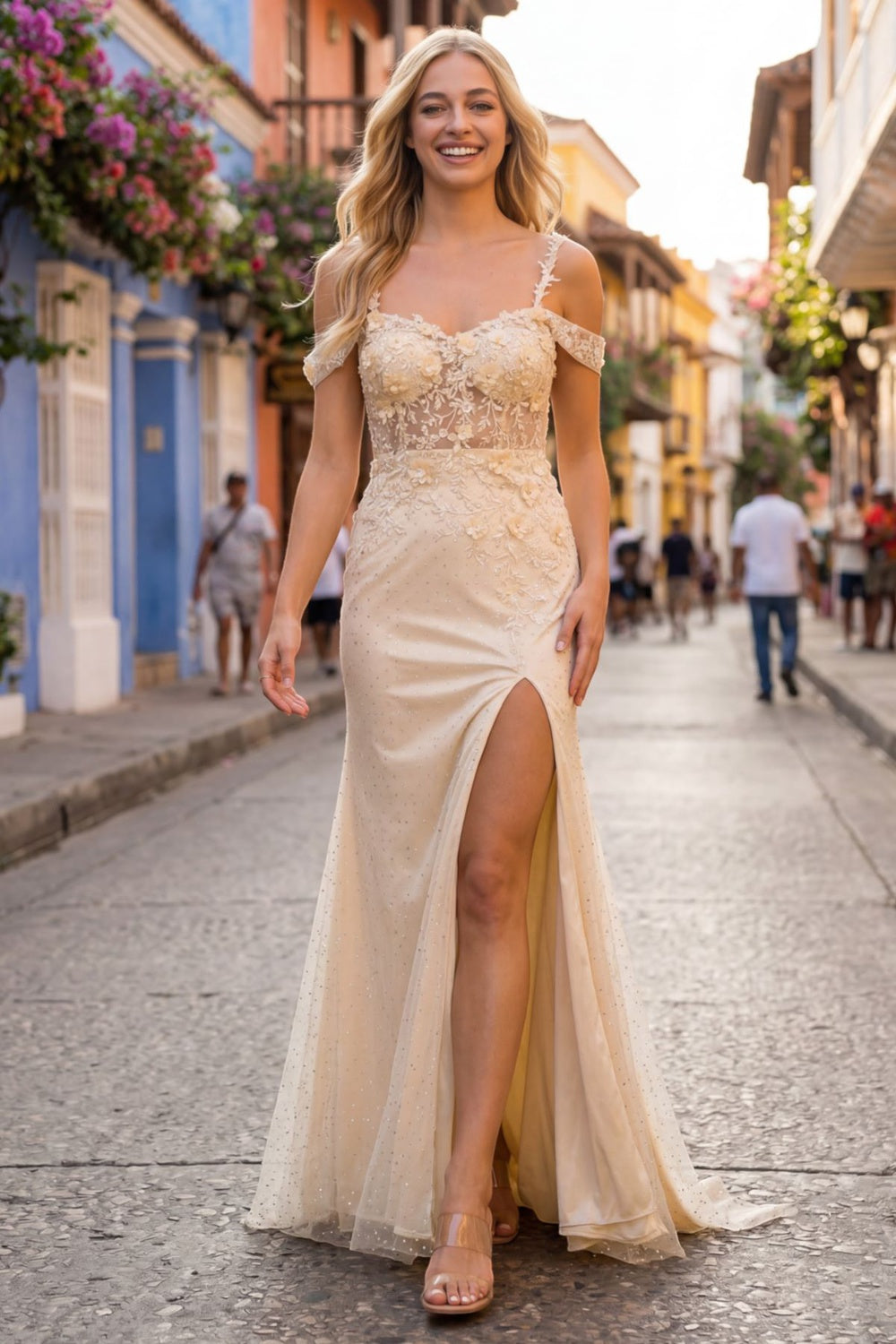 Fitted Applique Slit Gown by Cinderella Couture 8049J