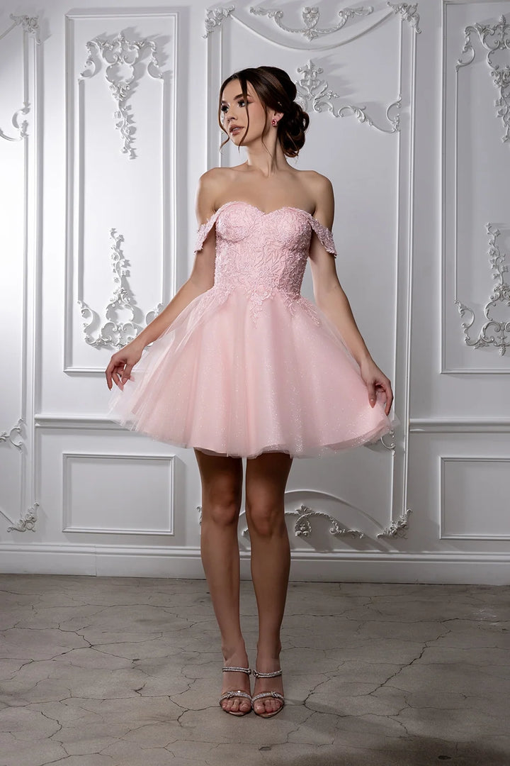 Applique Short Off Shoulder Dress by May Queen MQ2224