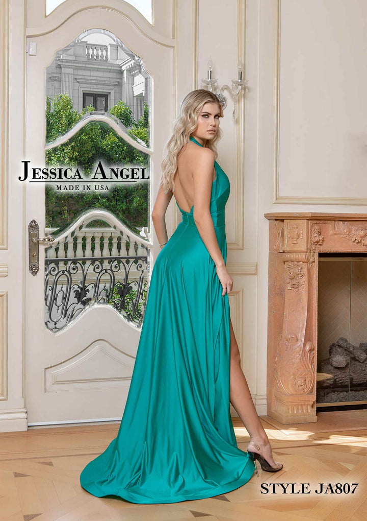 Jersey V-Neck A-line Slit Gown by Jessica Angel 807