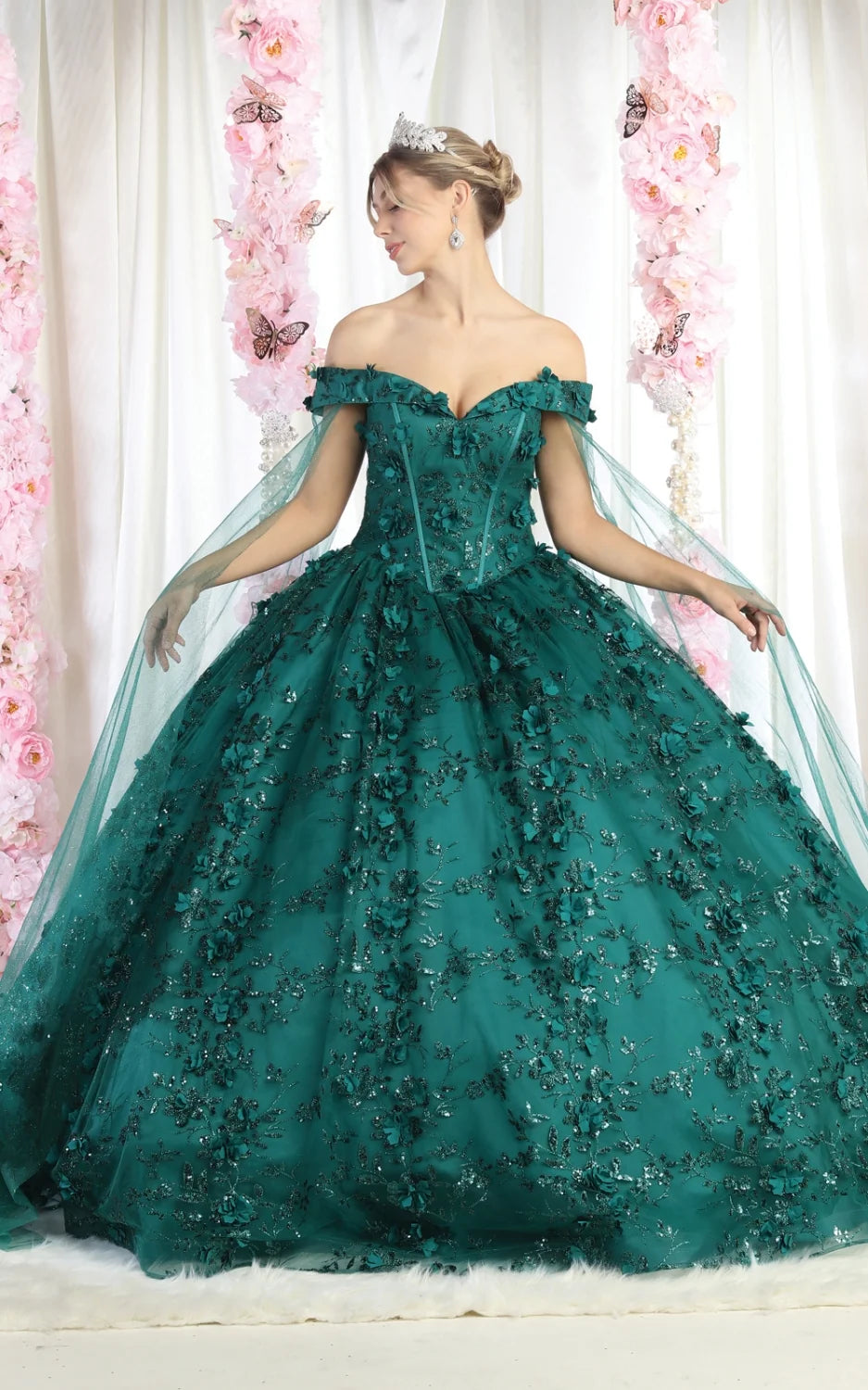 3D Floral Cape Sleeve Ball Gown by May Queen LK184
