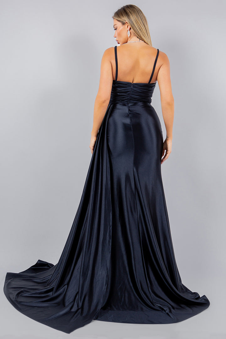 Fitted Beaded Satin Slit Gown by Cinderella Couture 8082J