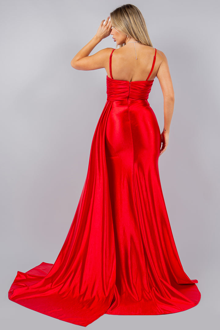 Fitted Beaded Satin Slit Gown by Cinderella Couture 8082J