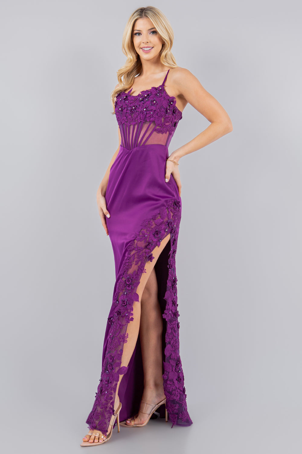 Fitted 3D Floral Sleeveless Slit Gown by Cinderella Couture 8085J