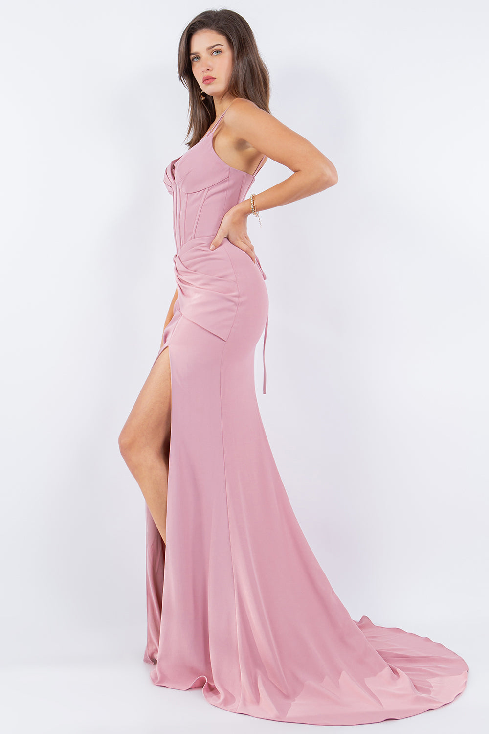 Fitted Sleeveless Corset Slit Gown by Cinderella Couture 8091J