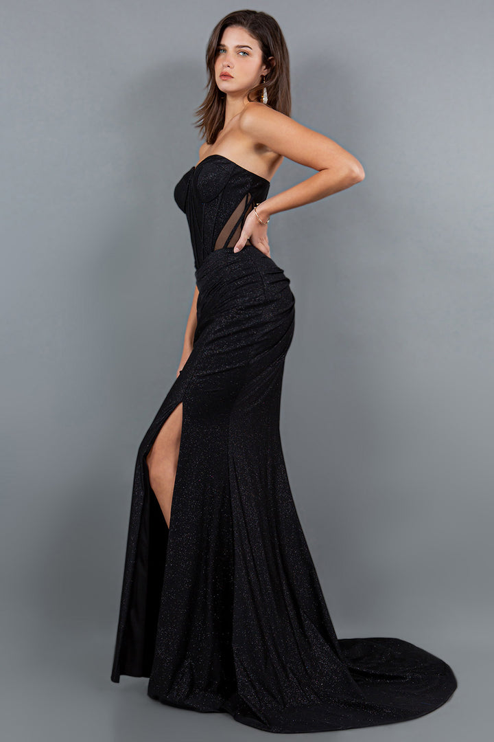 Fitted Glitter Strapless Slit Gown by Cinderella Couture 8094J