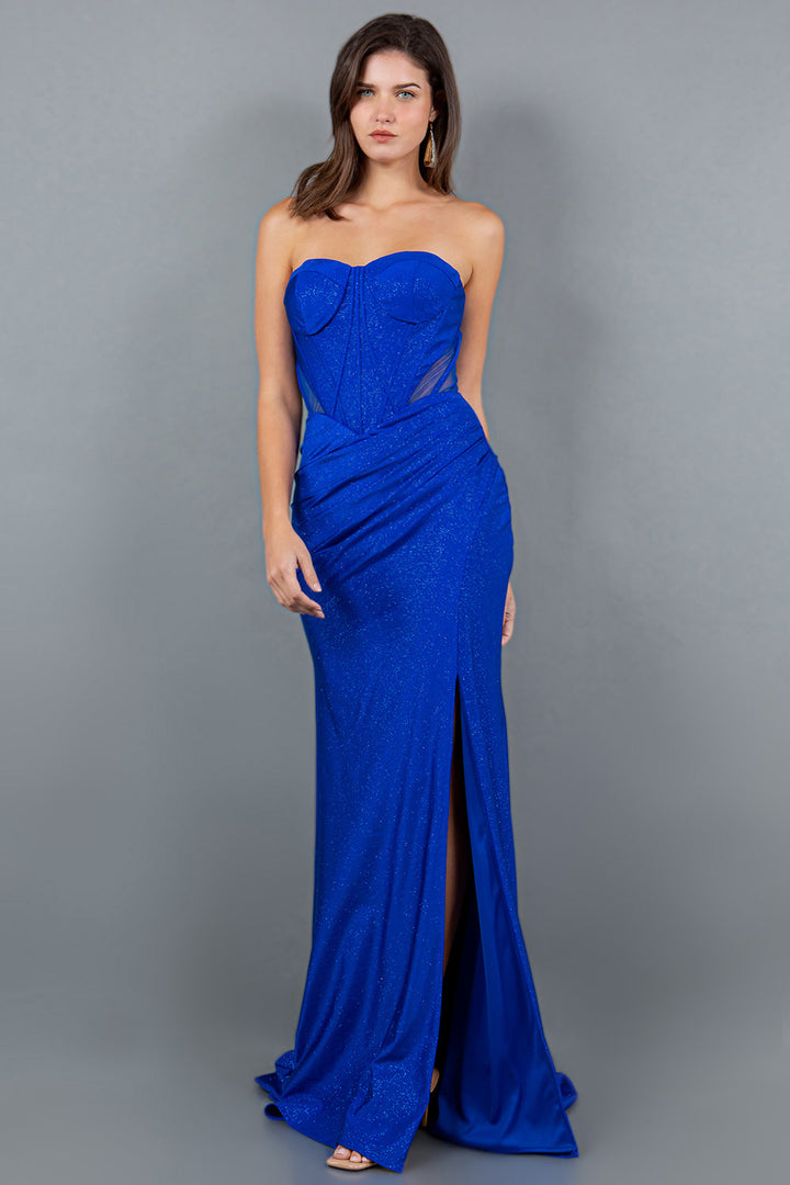 Fitted Glitter Strapless Slit Gown by Cinderella Couture 8094J