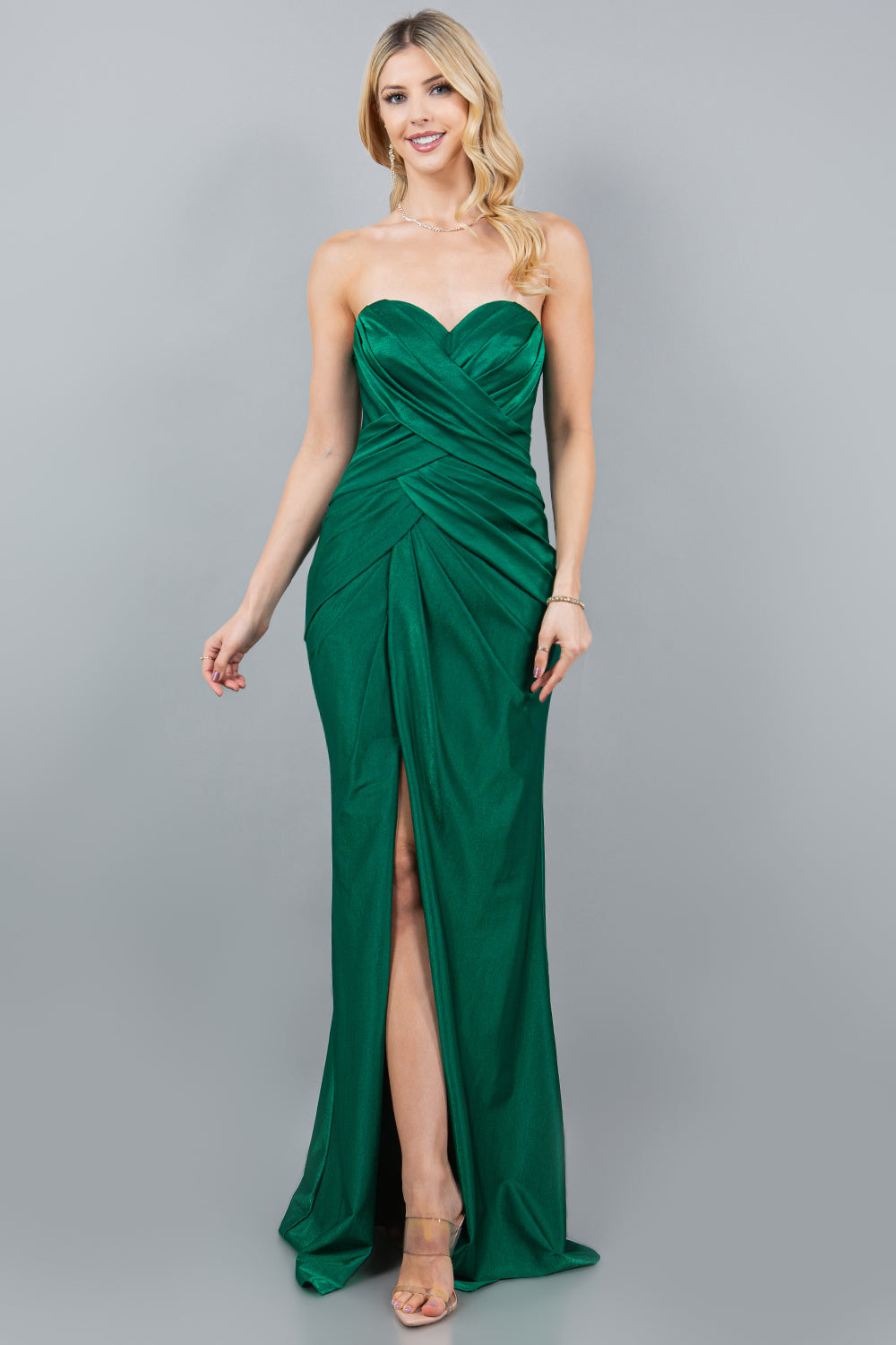 Fitted Ruched Strapless Slit Gown by Cinderella Couture 8095J