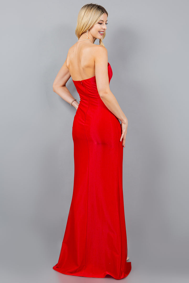 Fitted Ruched Strapless Slit Gown by Cinderella Couture 8095J
