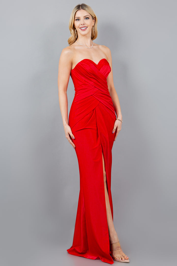 Fitted Ruched Strapless Slit Gown by Cinderella Couture 8095J