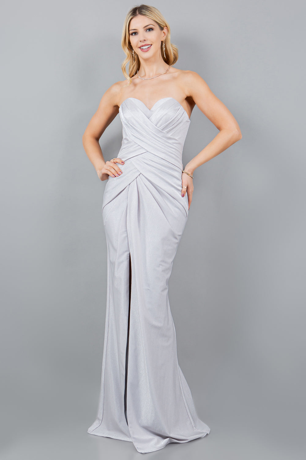 Fitted Ruched Strapless Slit Gown by Cinderella Couture 8095J