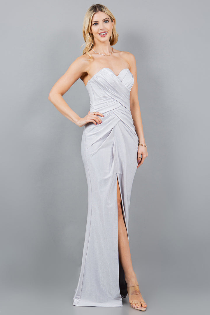 Fitted Ruched Strapless Slit Gown by Cinderella Couture 8095J