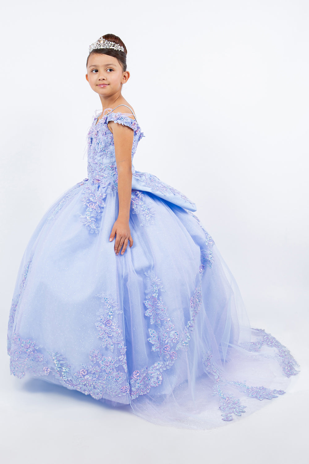 Girls Feather Cold Shoulder Gown by Cinderella Couture 8115