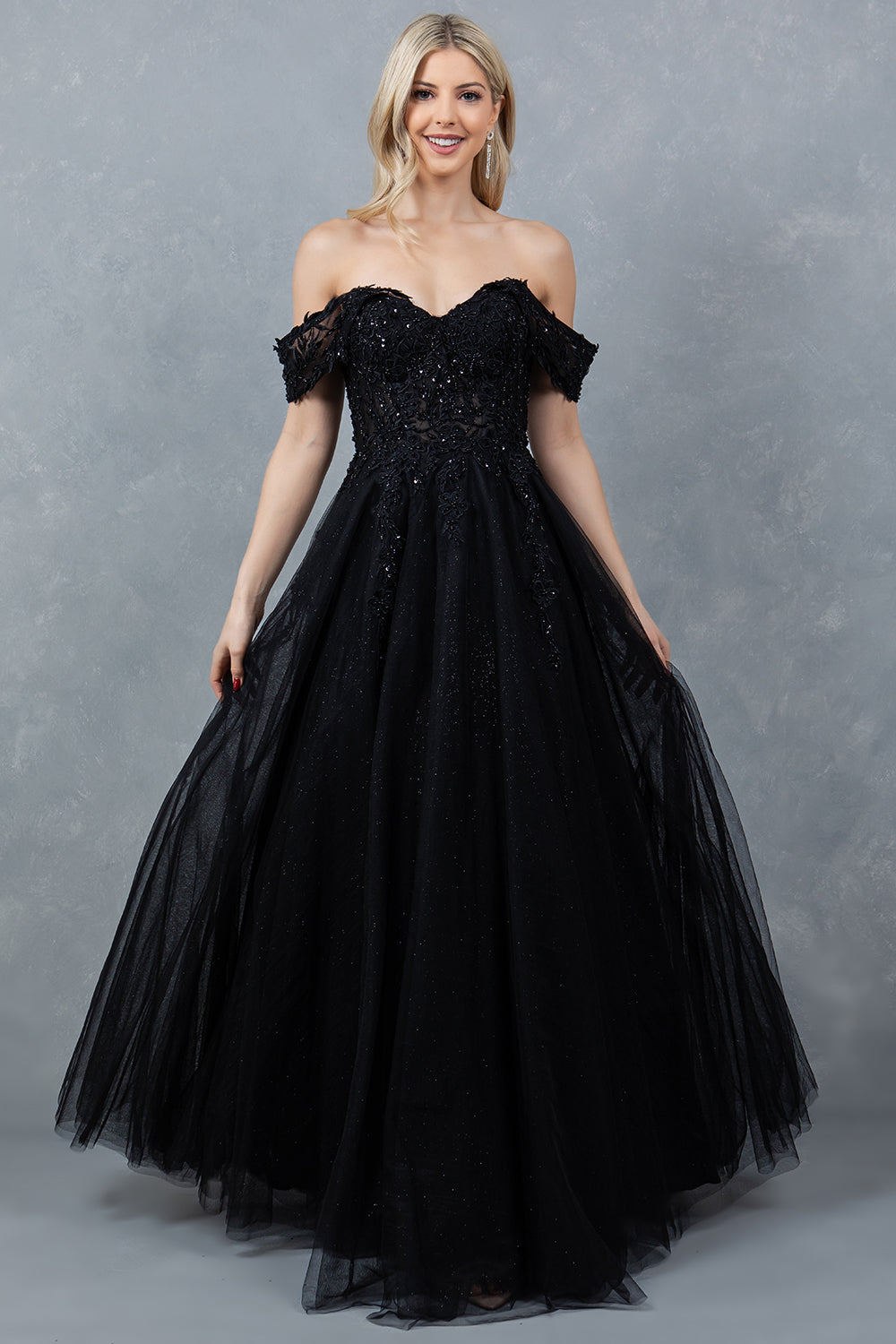 Off Shoulder A-line Gown by Cinderella Couture 8152J L / Navy