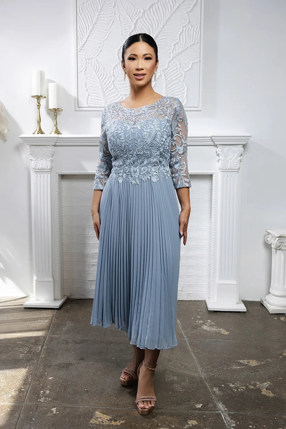 Pleated 3/4 Sleeve Tea Length Dress by May Queen MQ2189