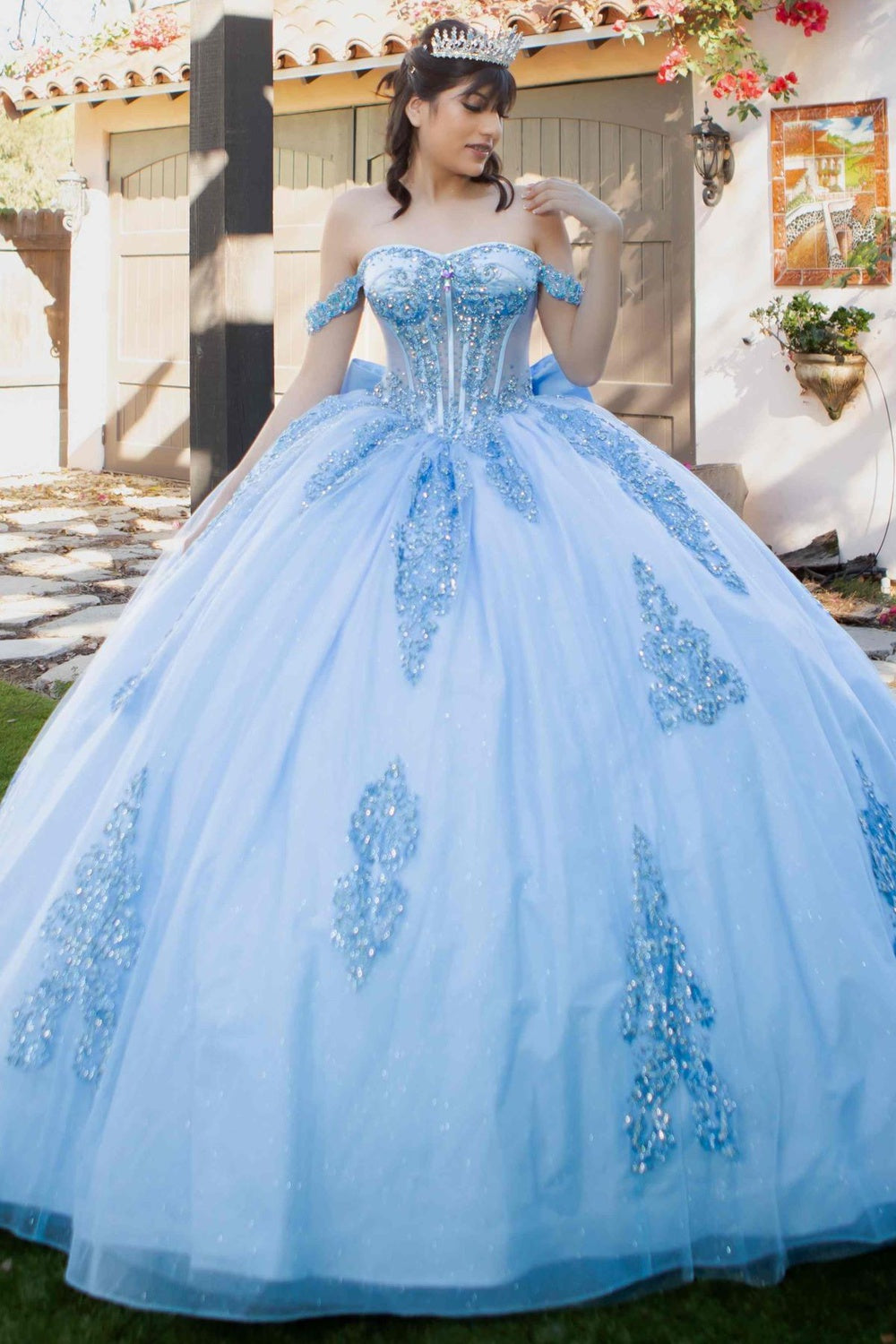 cinderella dress Couture 8071J Long Quinceanera Dusty Blue / 2XLarge intricate detailing Off Shoulder Ball Gown by