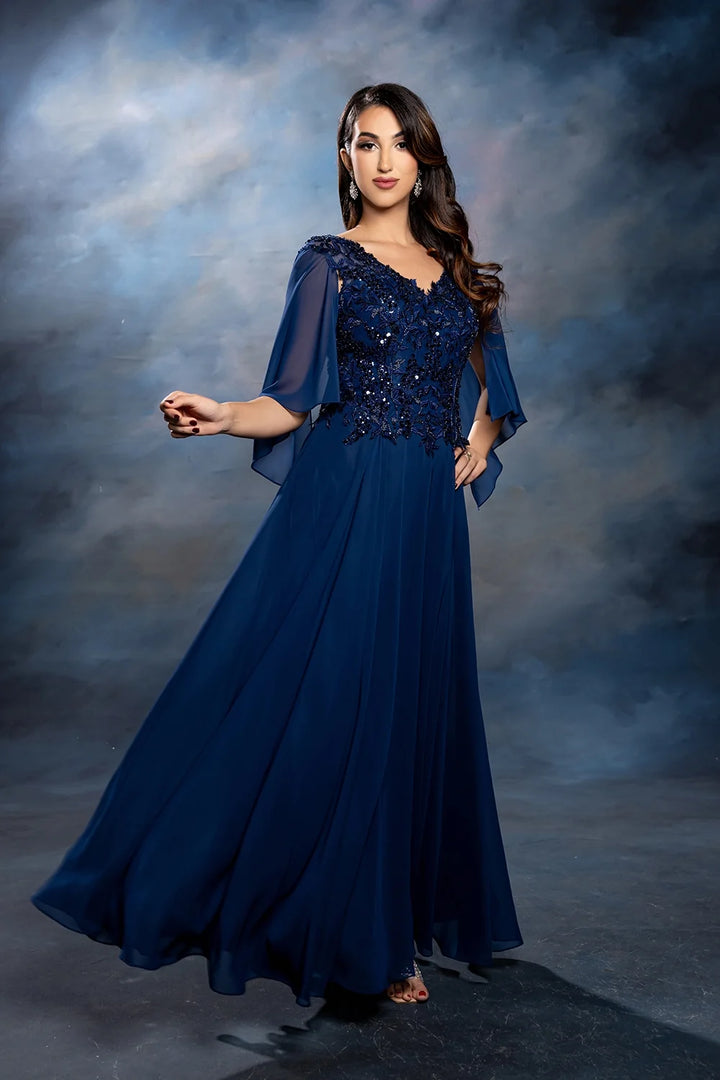 Applique Cap Sleeve A-line Gown by May Queen MQ2233