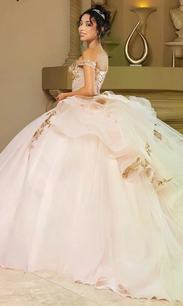 Off Shoulder Ruffled Ball Gown by May Queen LK272