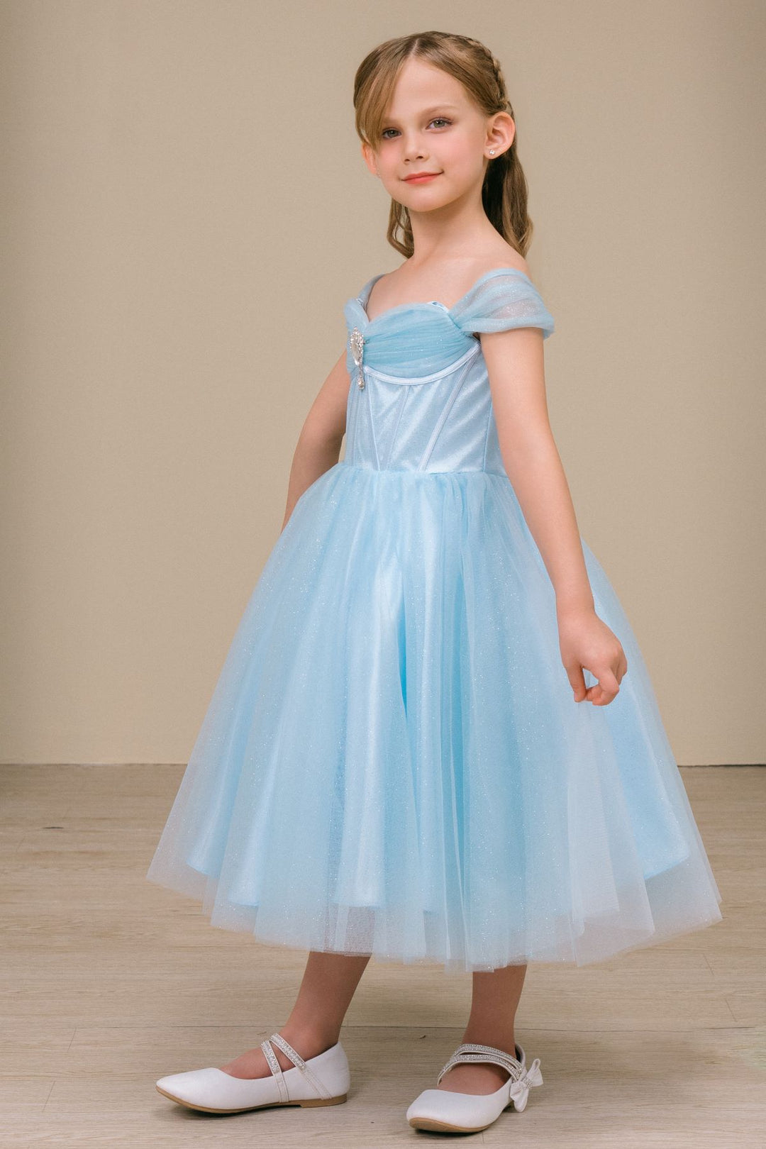 Girls Off Shoulder Tea Length Dress by Cinderella Couture 8341