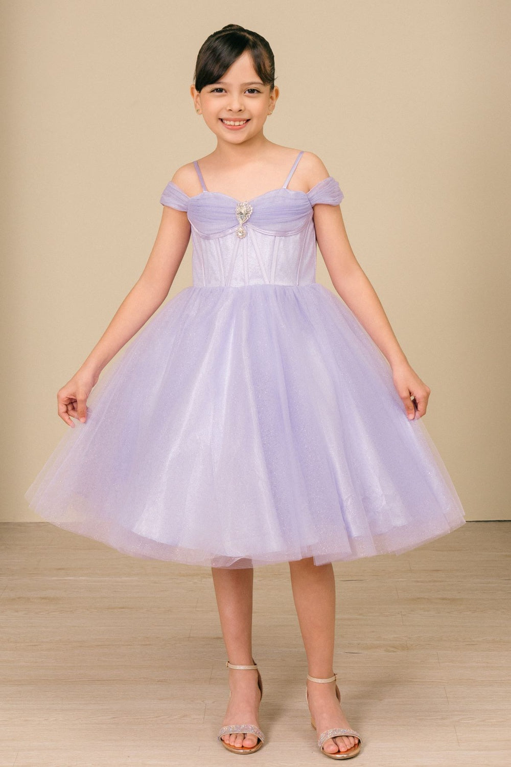 Girls Off Shoulder Tea Length Dress by Cinderella Couture 8341