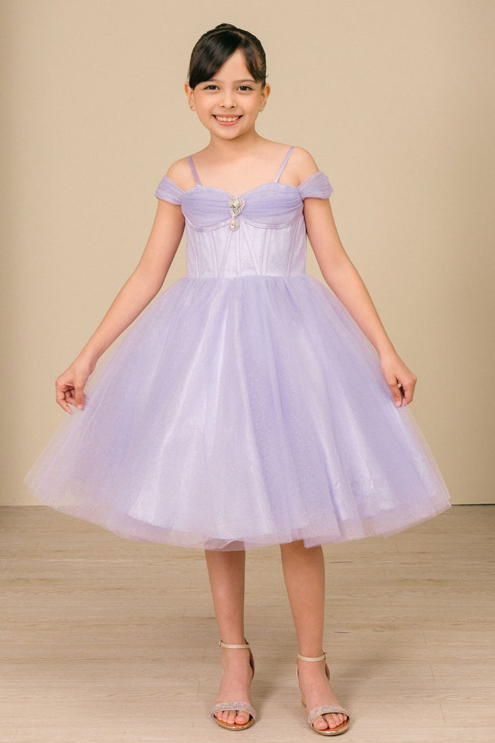 Girls Off Shoulder Tea Length Dress by Cinderella Couture 8341
