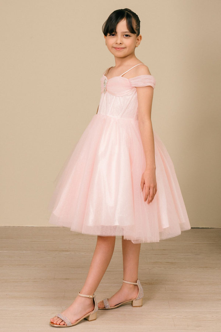 Girls Off Shoulder Tea Length Dress by Cinderella Couture 8341