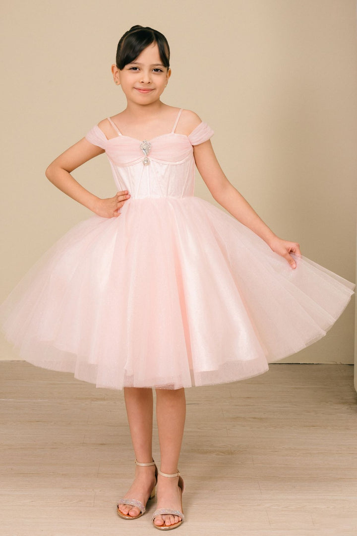 Girls Off Shoulder Tea Length Dress by Cinderella Couture 8341