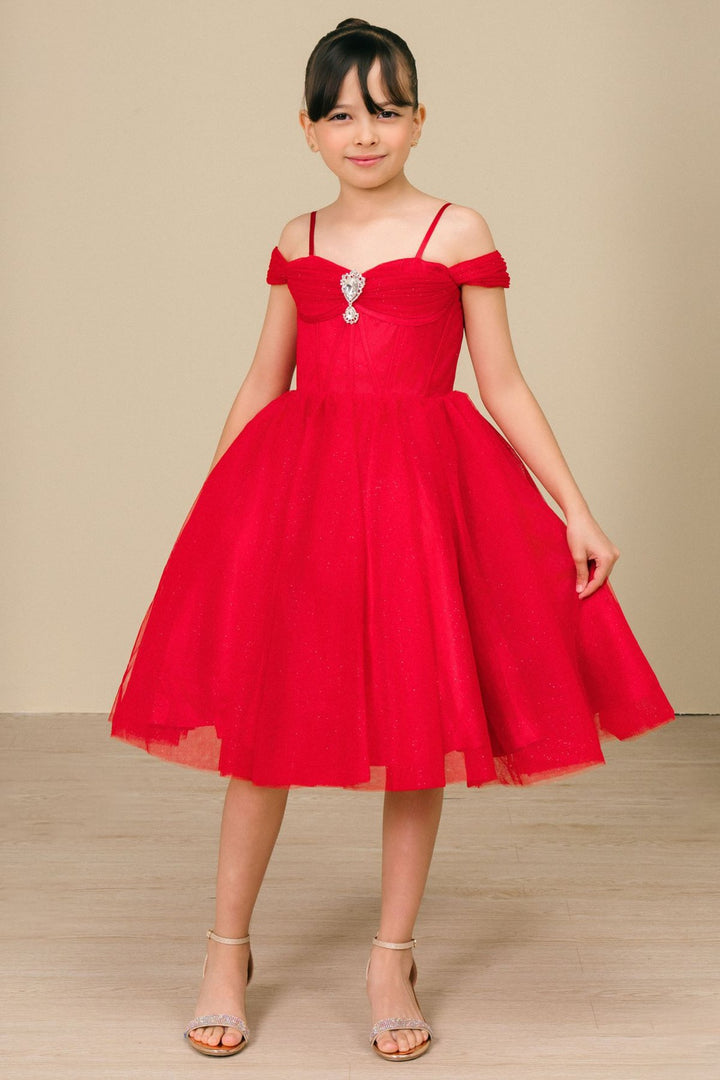 Girls Off Shoulder Tea Length Dress by Cinderella Couture 8341