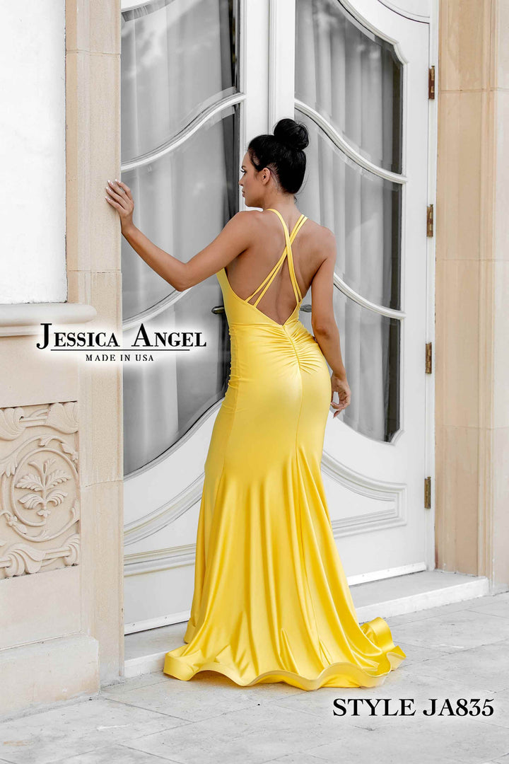Jersey Fitted V-Neck Gown by Jessica Angel 835