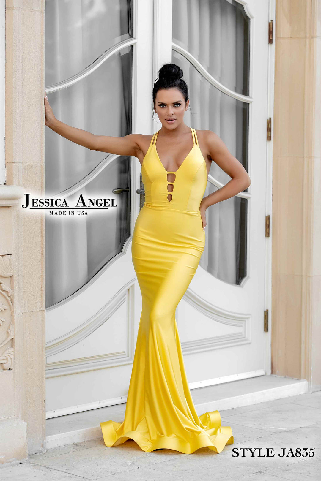 Jersey Fitted V-Neck Gown by Jessica Angel 835