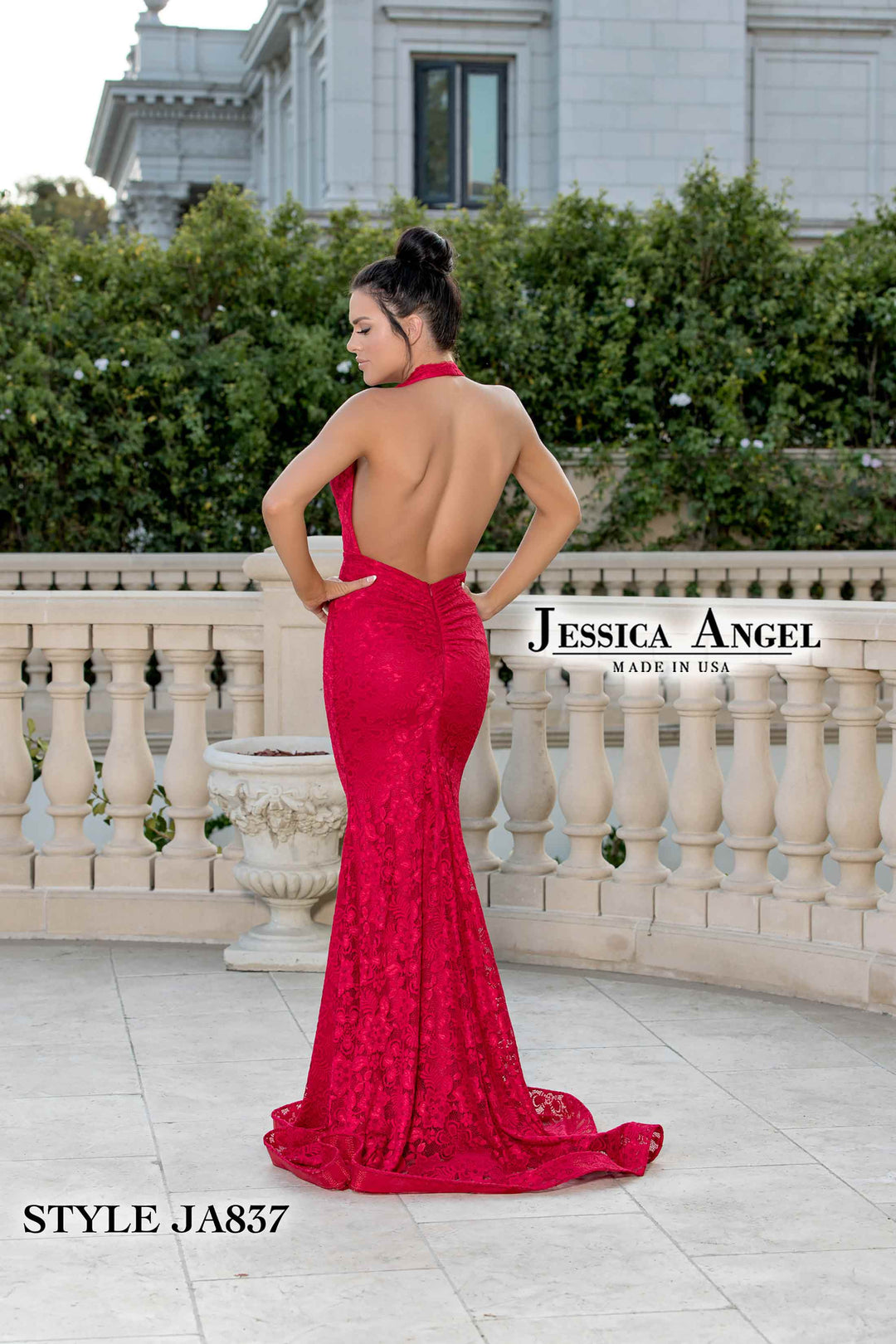 Jersey Lace Fitted Halter Gown by Jessica Angel 837