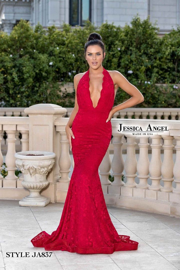 Jersey Lace Fitted Halter Gown by Jessica Angel 837