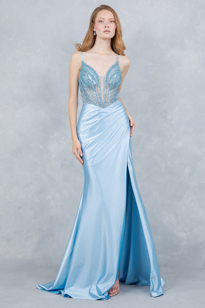 Satin V-Neck Slit Gown by Cinderella Couture 8379J