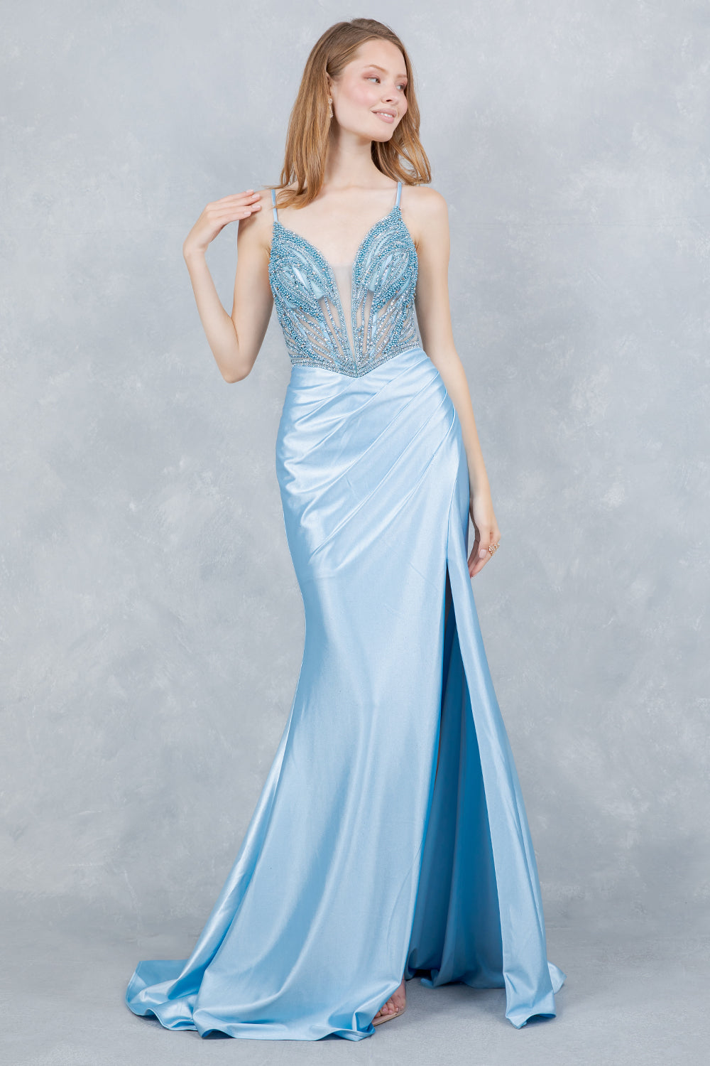 Satin V-Neck Slit Gown by Cinderella Couture 8379J