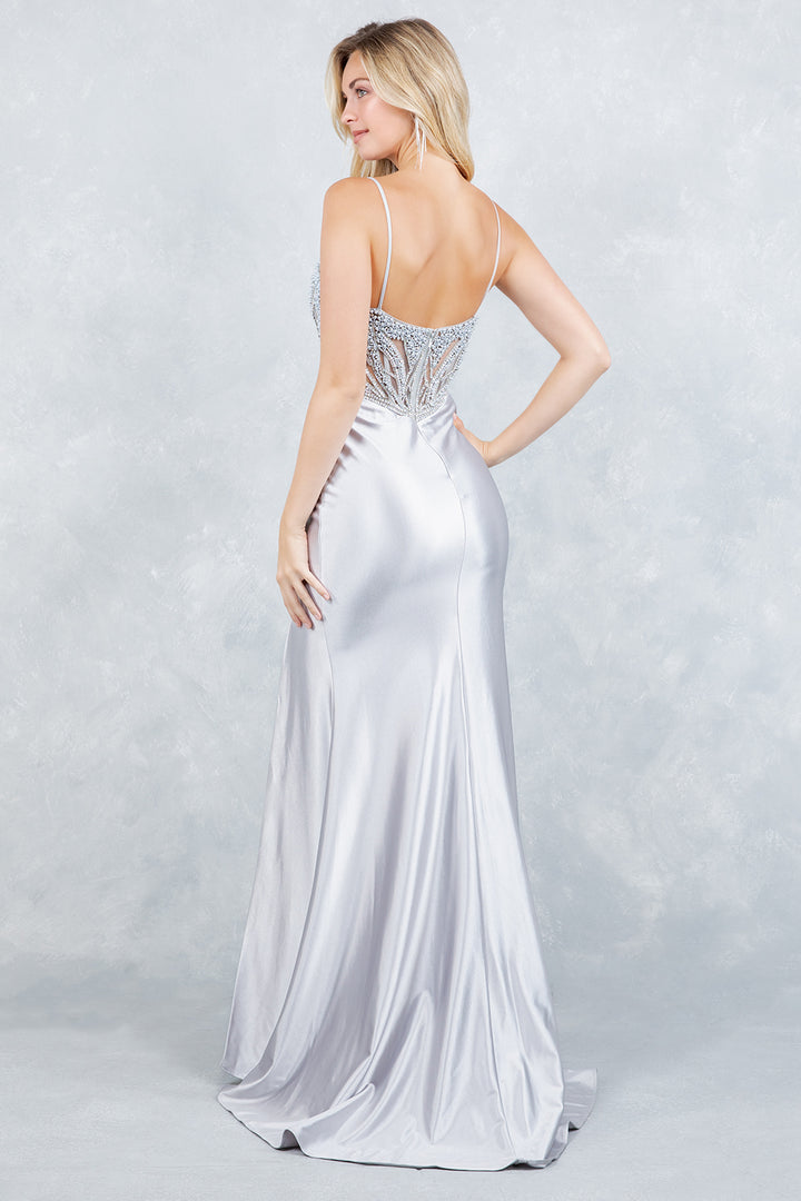 Satin V-Neck Slit Gown by Cinderella Couture 8379J