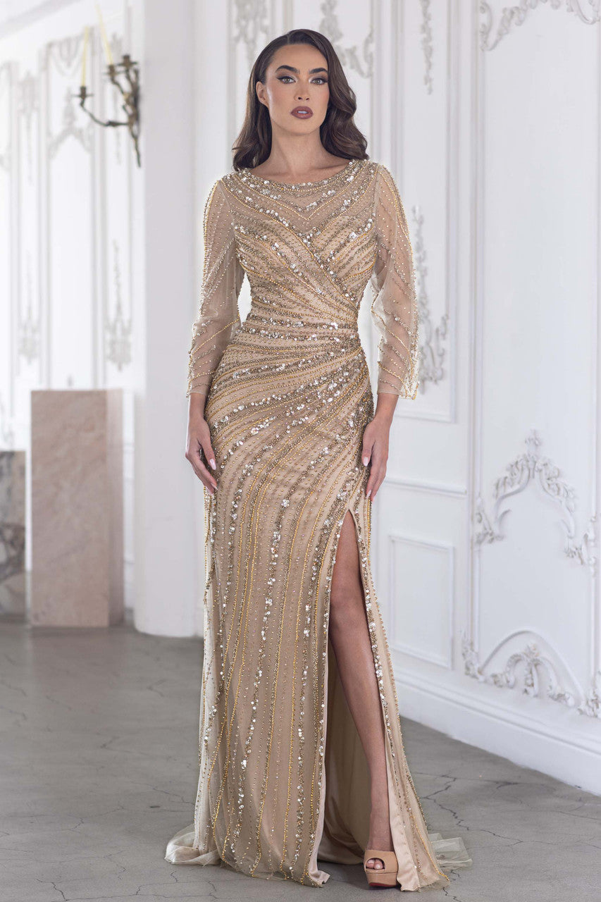 Beaded Long Sleeve Slit Gown by Lenovia 8383