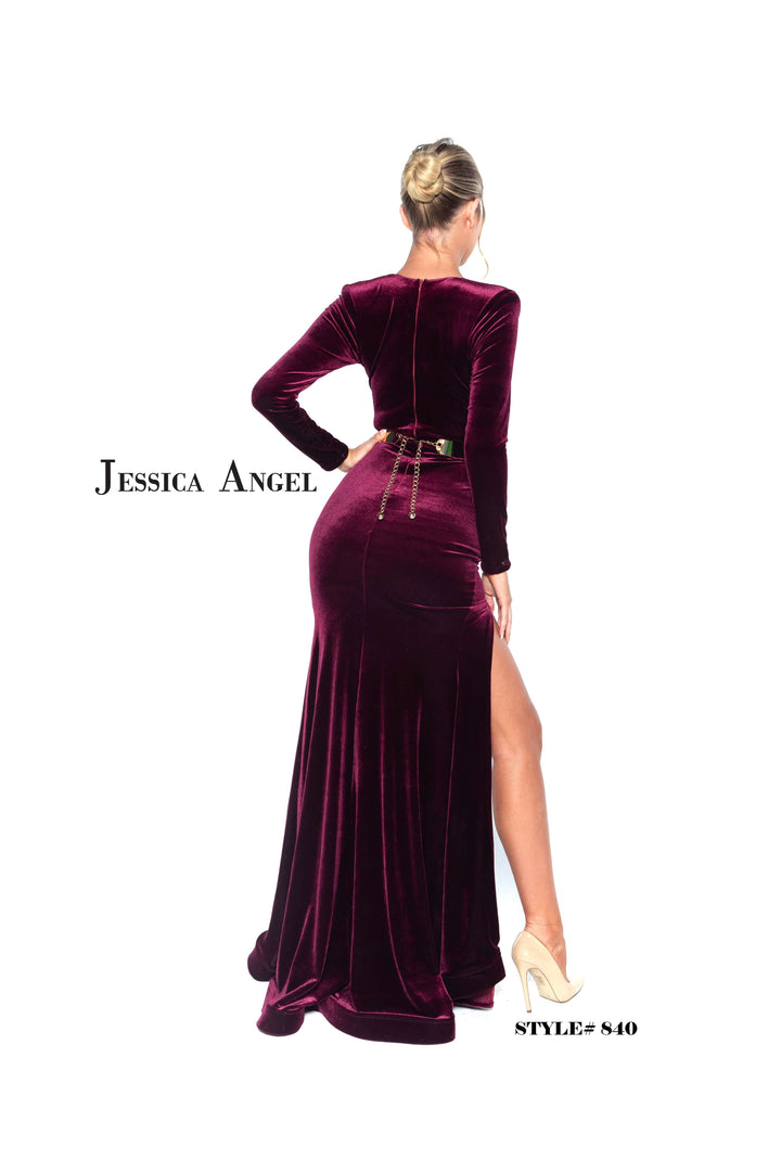 Velvet Long Sleeve Slit Gown by Jessica Angel 840