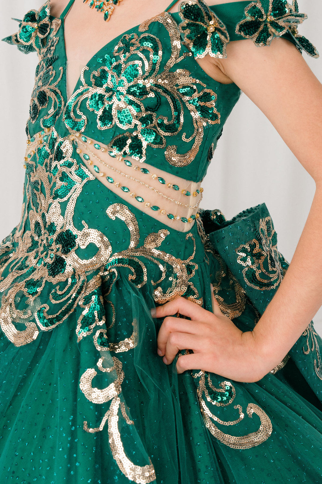 Girls Off Shoulder Gown by Cinderella Couture 8420 6 / Hunter Green