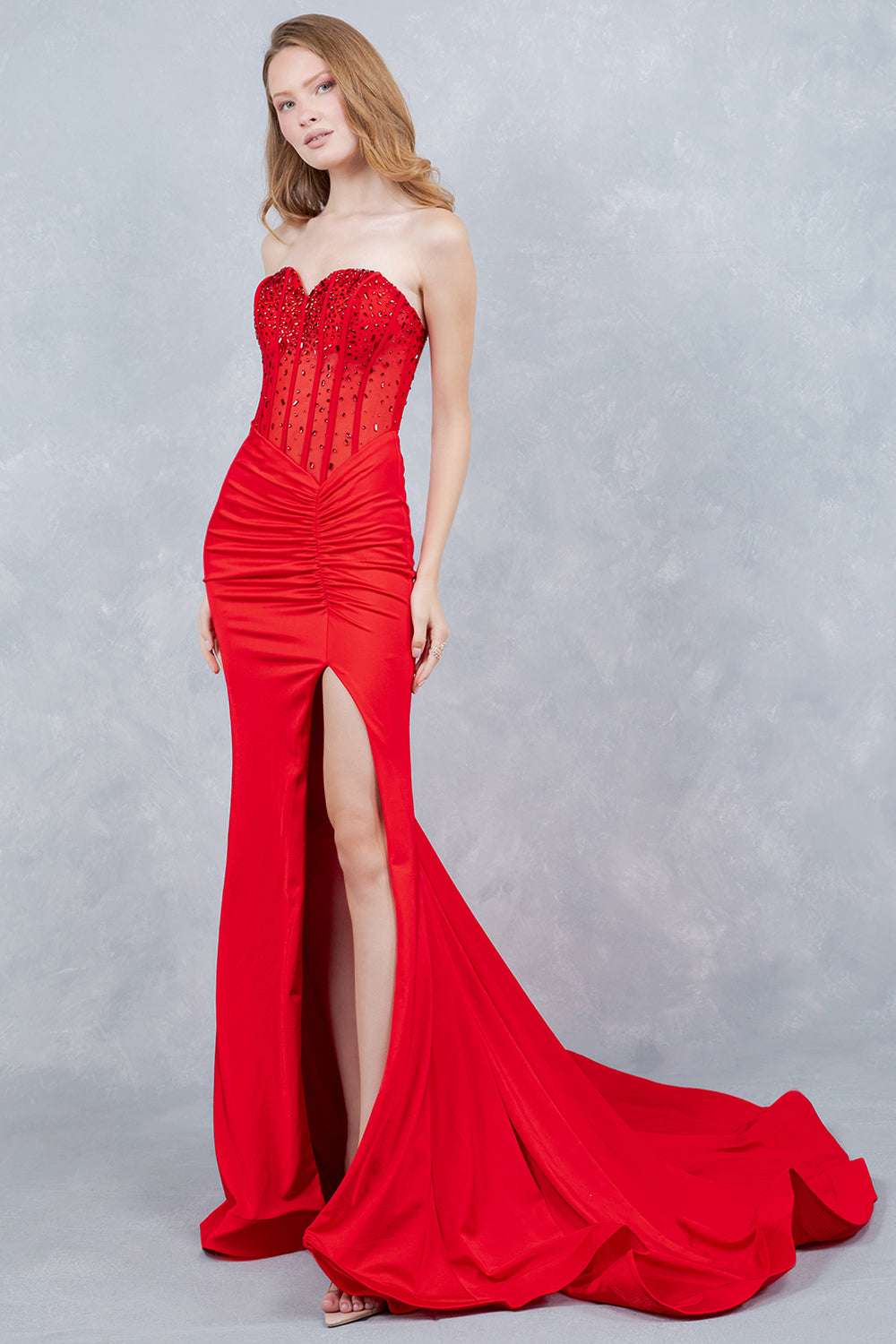 Beaded Strapless Slit Gown by Cinderella Couture 8443J