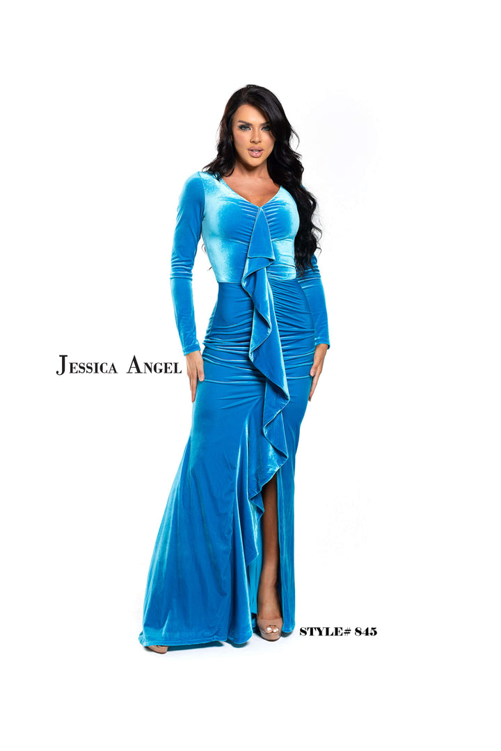 Velvet Long Sleeve Slit Gown by Jessica Angel 845